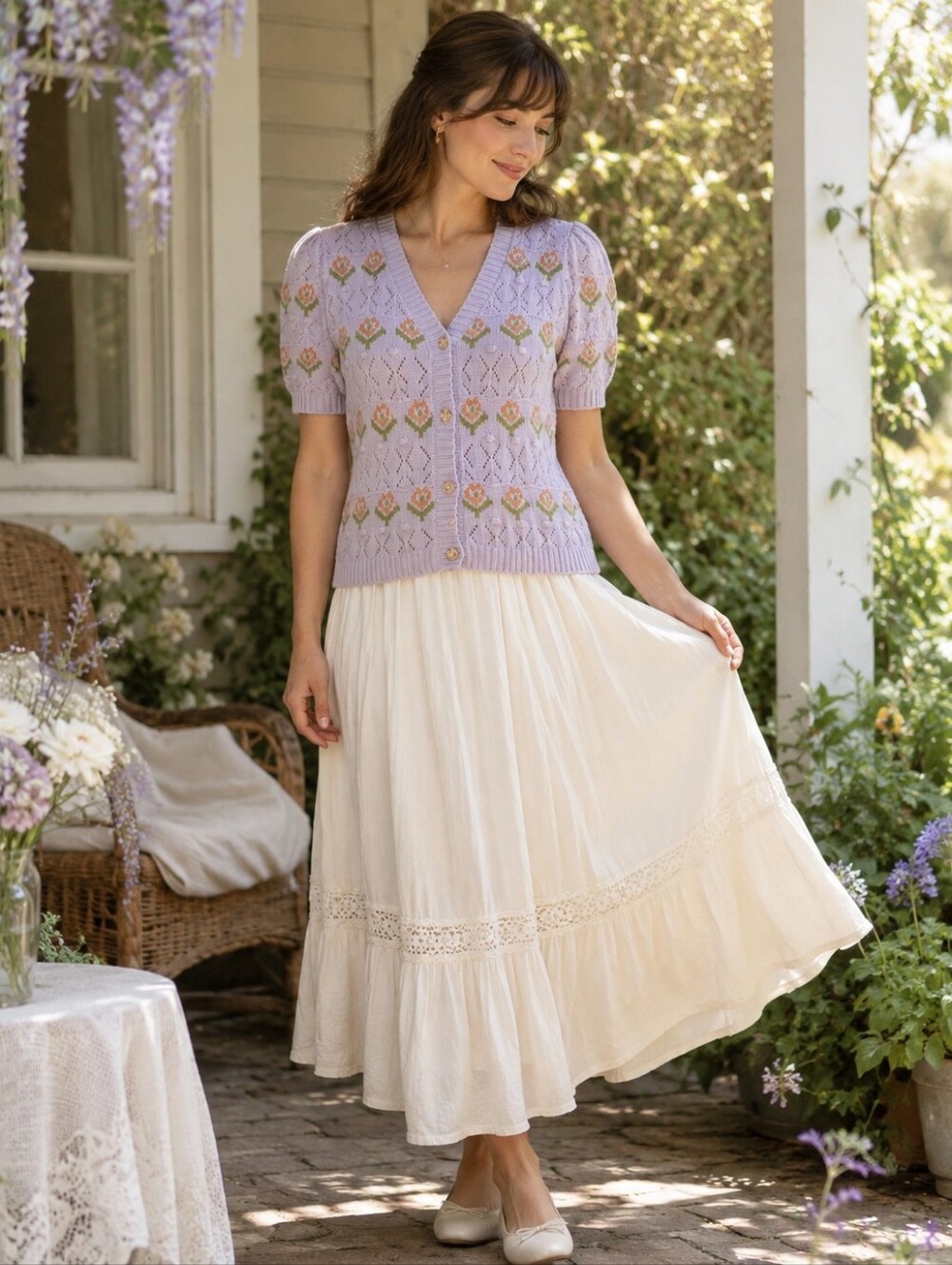 Heartloom 100% Cotton Lavender Floral Pointelle Cardigan M